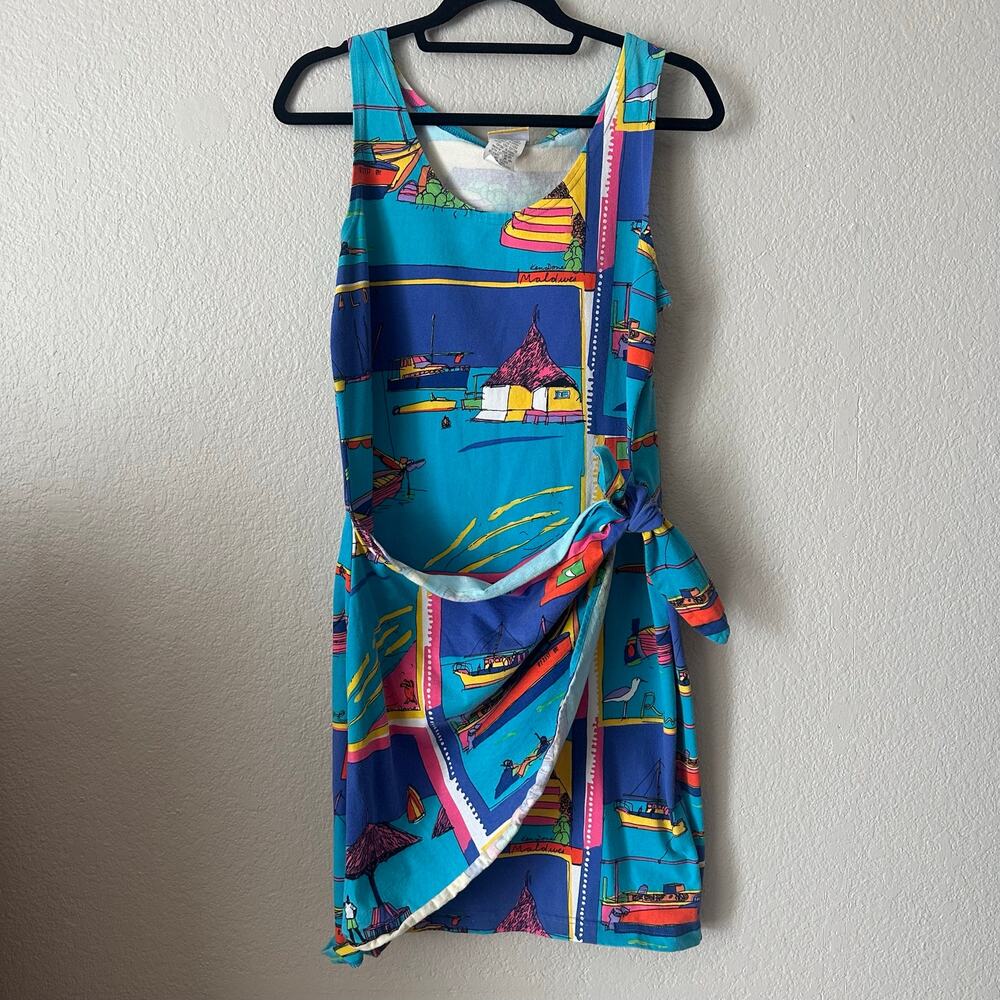 Vintage 80s Wearable Art Wrap Mini Dress Nautical Print Blue Size Large